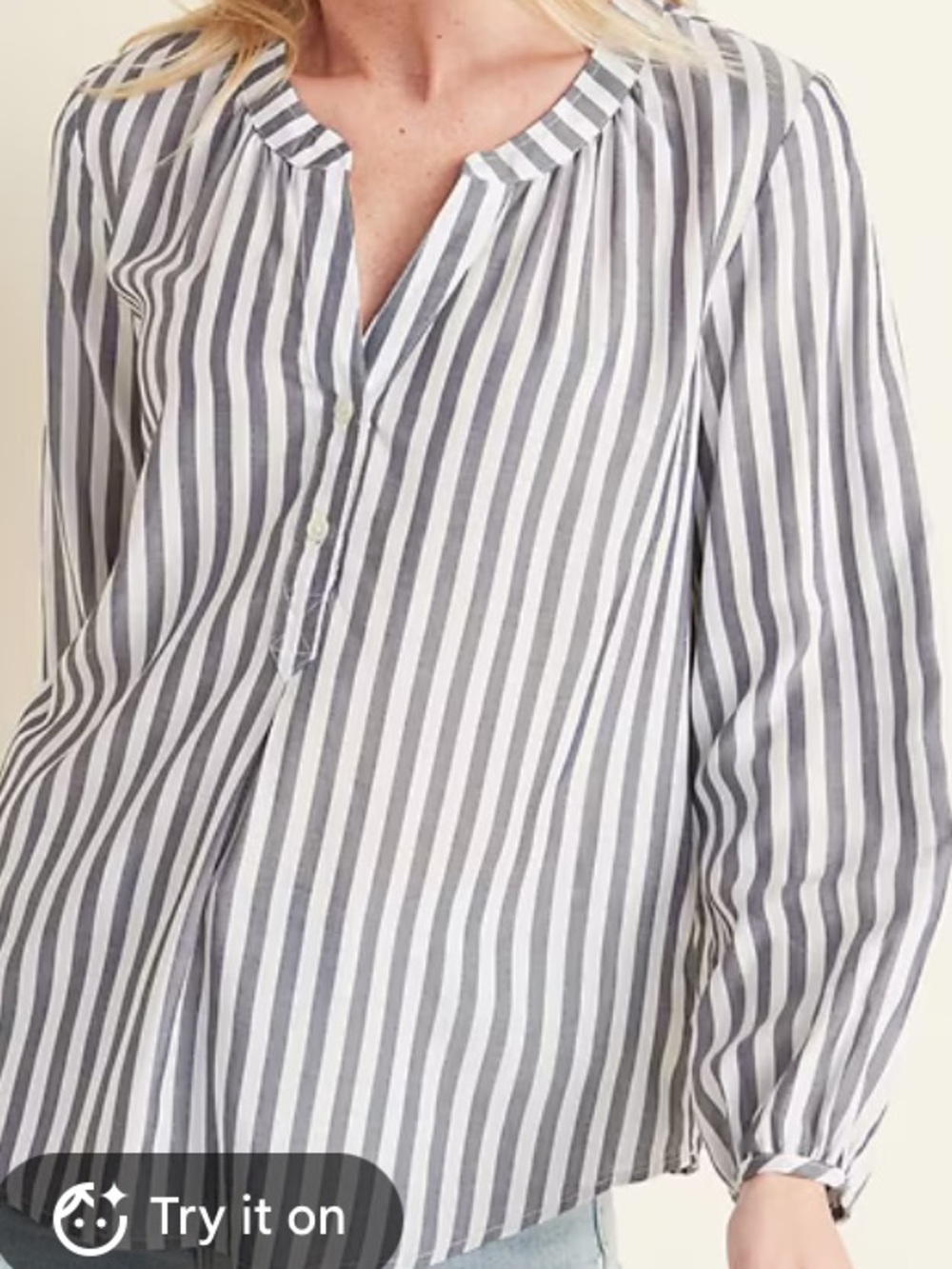 Old Navy Gray and White Striped Buttoned Henley Blouse